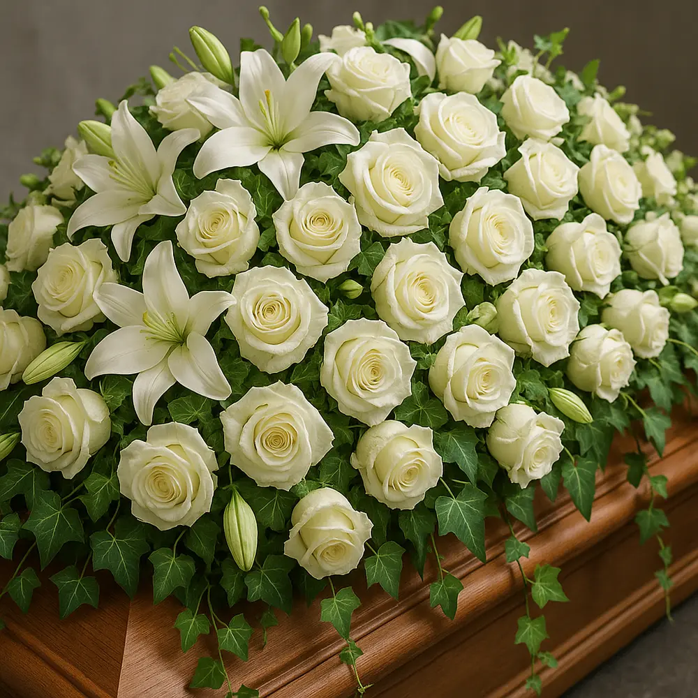 Detailansicht einer Sargdecke aus weißen Rosen und Lilien auf Holzsarg